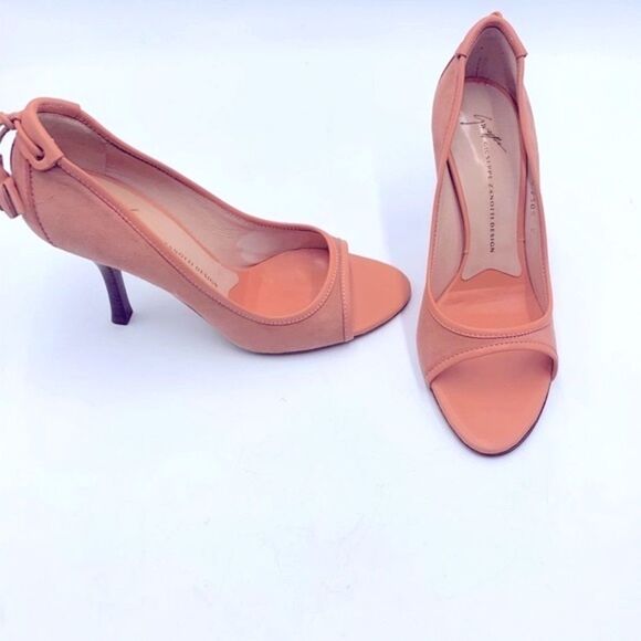 Auth NWT Giuseppe Zanotti TAK 90 Sandolo Peach Peep Toe Suede 4" Heels US 7.5B - Picture 2 of 16
